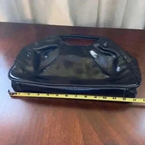 Vintage Black Patent Clutch Handbag Faux Leather Top Handle Bag Purse - Picture 8 of 12